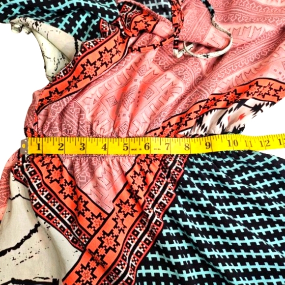 Womens Multicolored Mix Pattern Tie V-Neck Smocked Waist Mini Spring Dress M - Picture 7 of 11